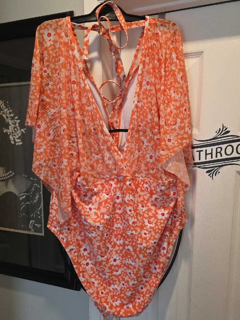 Orange Floral One-Piece Swimsuit with Lace-Up